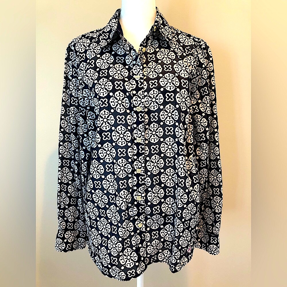 Talbots Button Up Long Sleeve Blouse Lightweight Navy/White Womens Medium